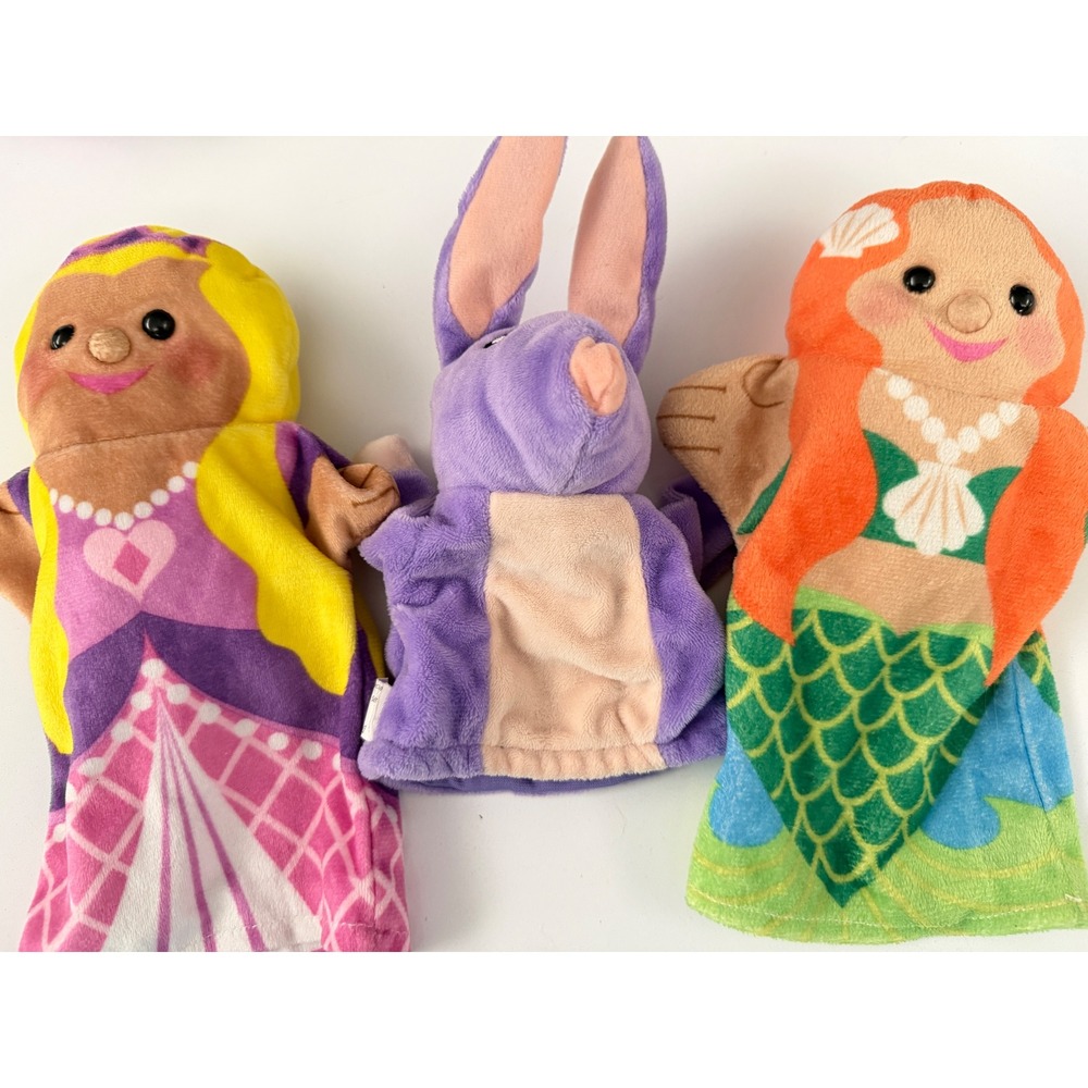 Plush Hand Puppet Set Princess Mermaid and Purple Bunny Storytelling Toys 3pc